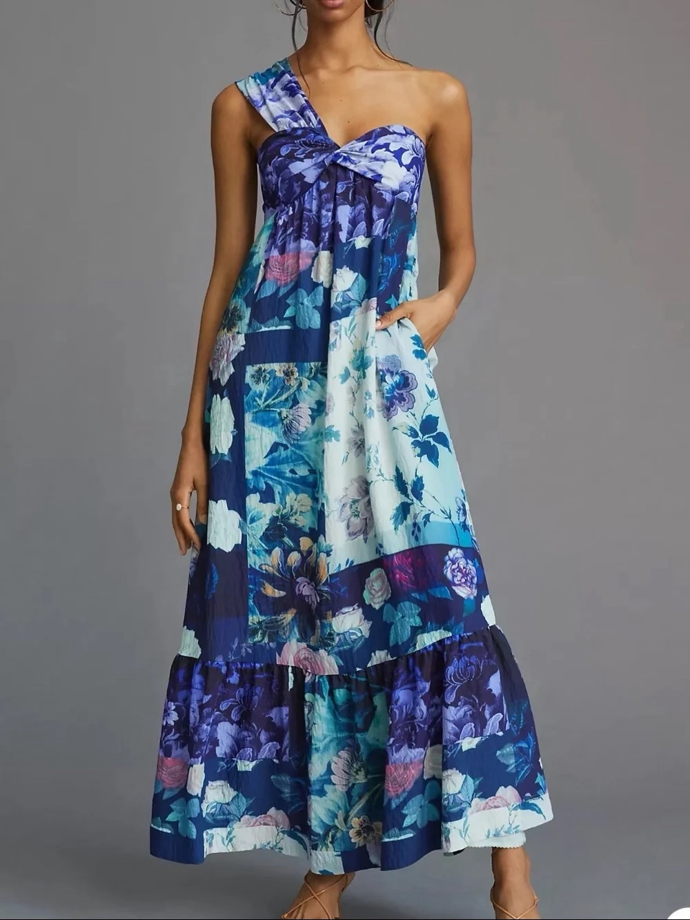 NWT Maeve Anthropologie Blue Floral One Shoulder Maxi Dress Size Small